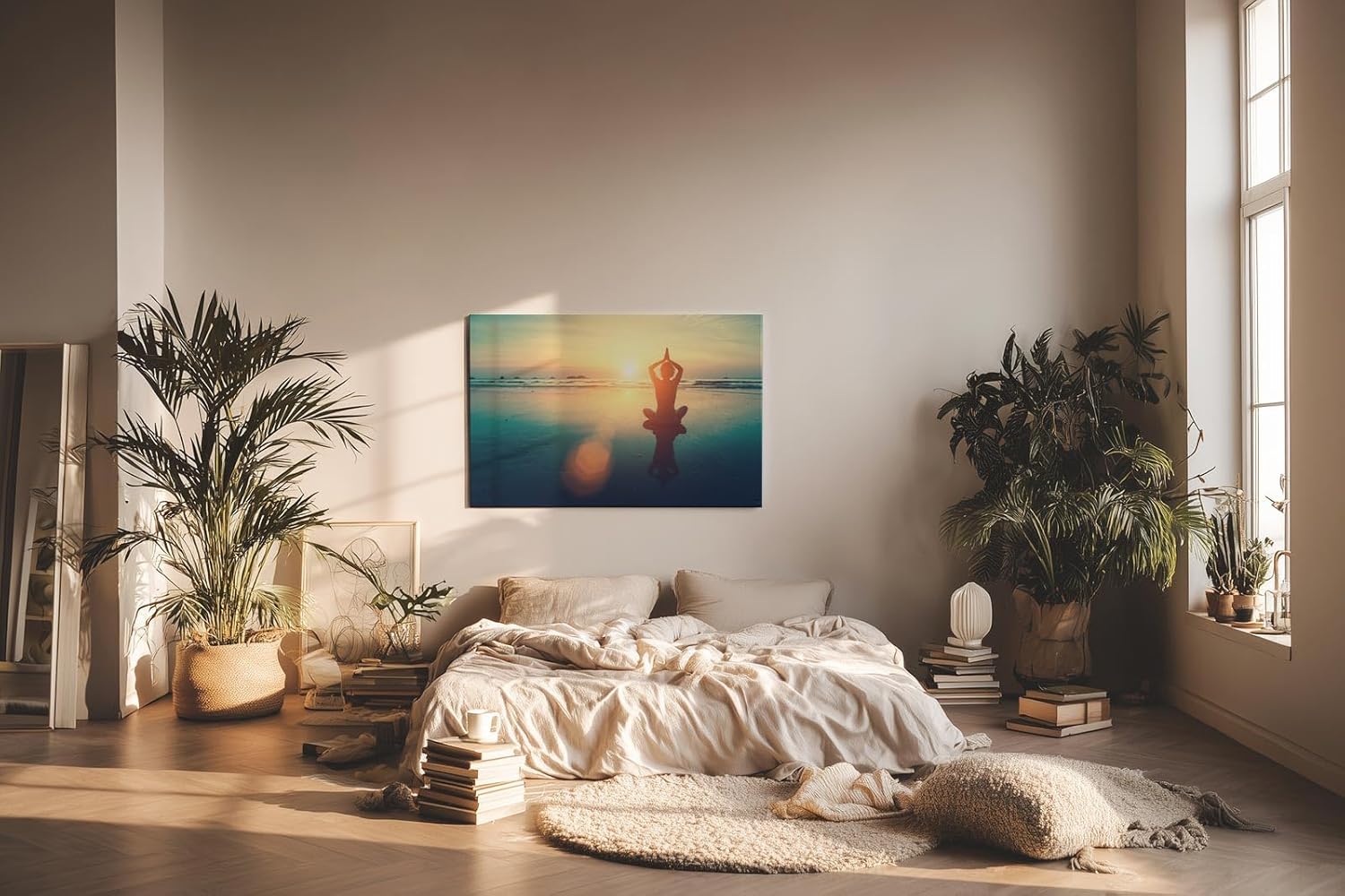 Sinus Art Wandbild 120x80cm Silhouette beim Yoga im Sonnenuntergang – Sinnbild für Balance und Achtsamkeit