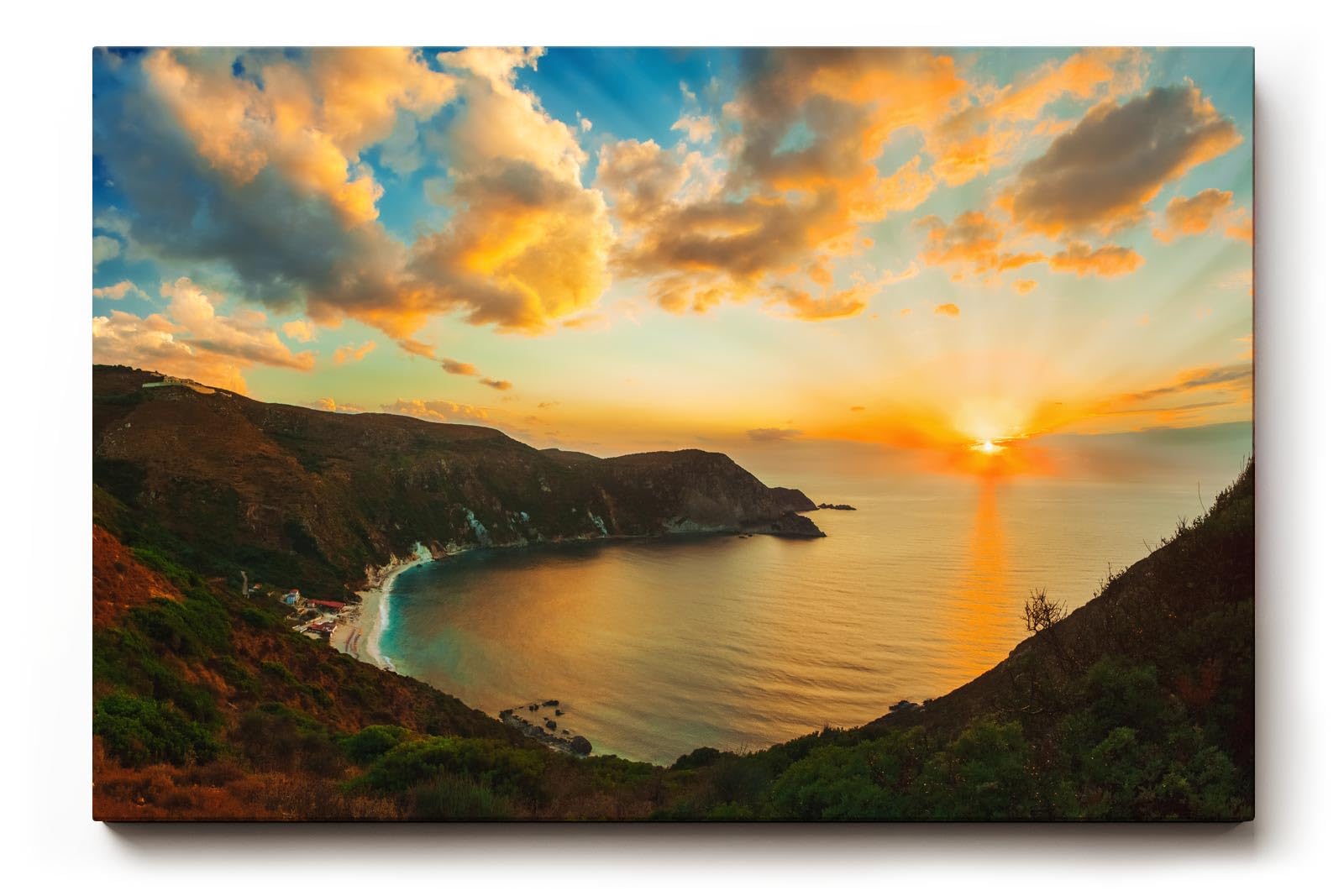 Sinus Art Wandbild 120x80cm Atemberaubender Sonnenuntergang über Küstenlinie mit weichem Farbverlauf