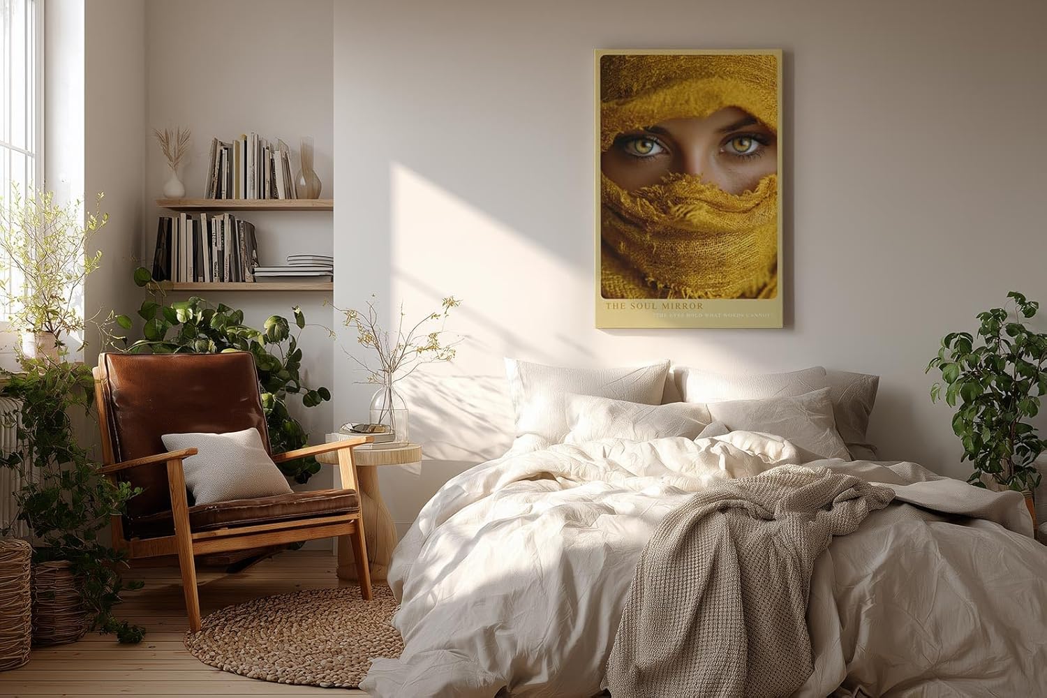 Paul Sinus Wandbild in 40x60cm The Soul Mirror – Intensiver Blick durch goldene Augen mit gelbem Stoff umhüllt