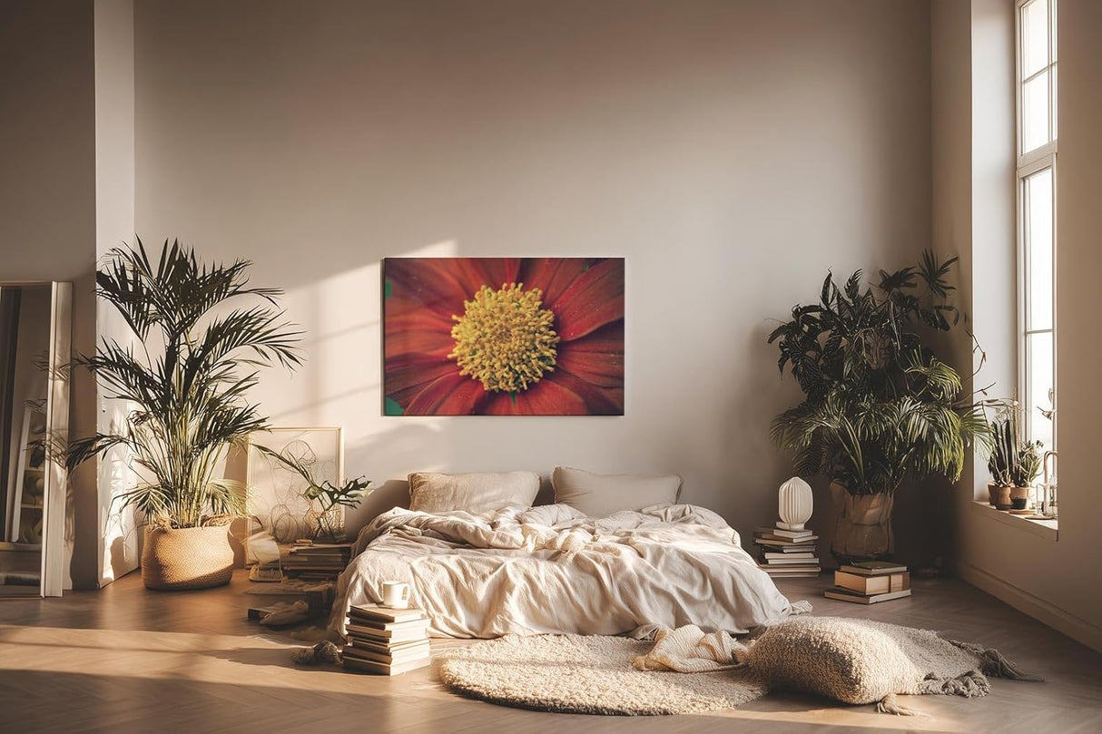 Sinus Art Wandbild 120x80cm Atemberaubende Nahaufnahme einer roten Blüte mit faszinierender Texturwirkung