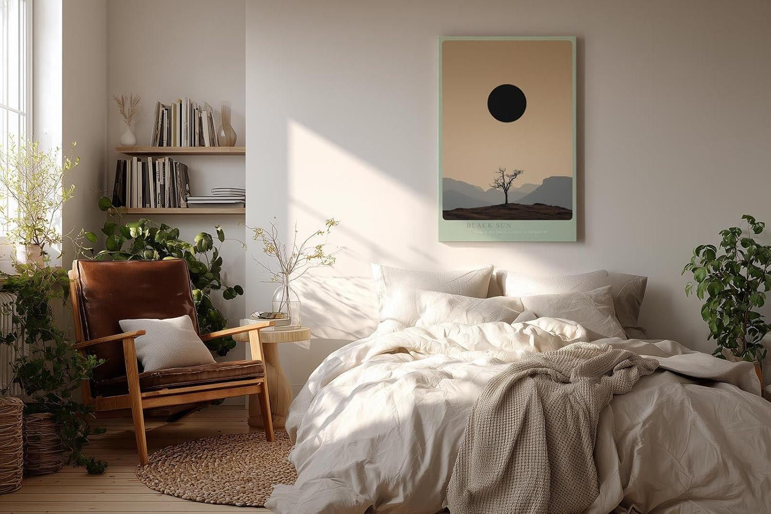 Paul Sinus Wandbild in 40x60cm Schwarze Sonne über karger Landschaft mit Baum und Gebirgssilhouette