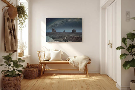 Sinus Art Wandbild 120x80cm Faszinierende Landschaft mit ikonischen Felsformationen unter der Milchstraße