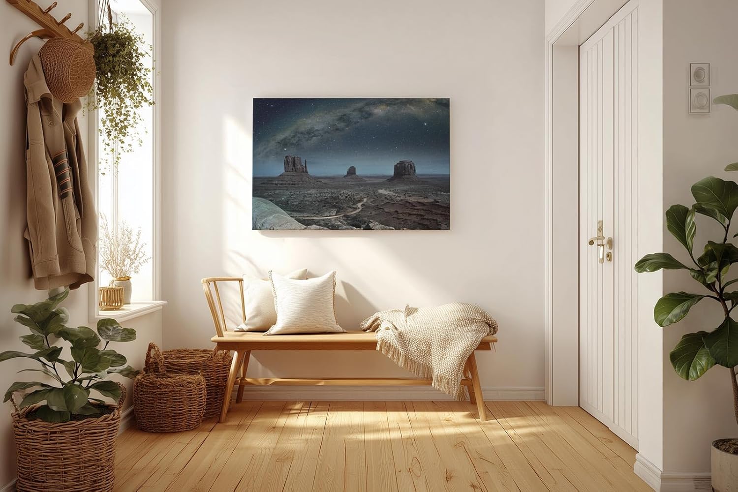 Sinus Art Wandbild 120x80cm Faszinierende Landschaft mit ikonischen Felsformationen unter der Milchstraße