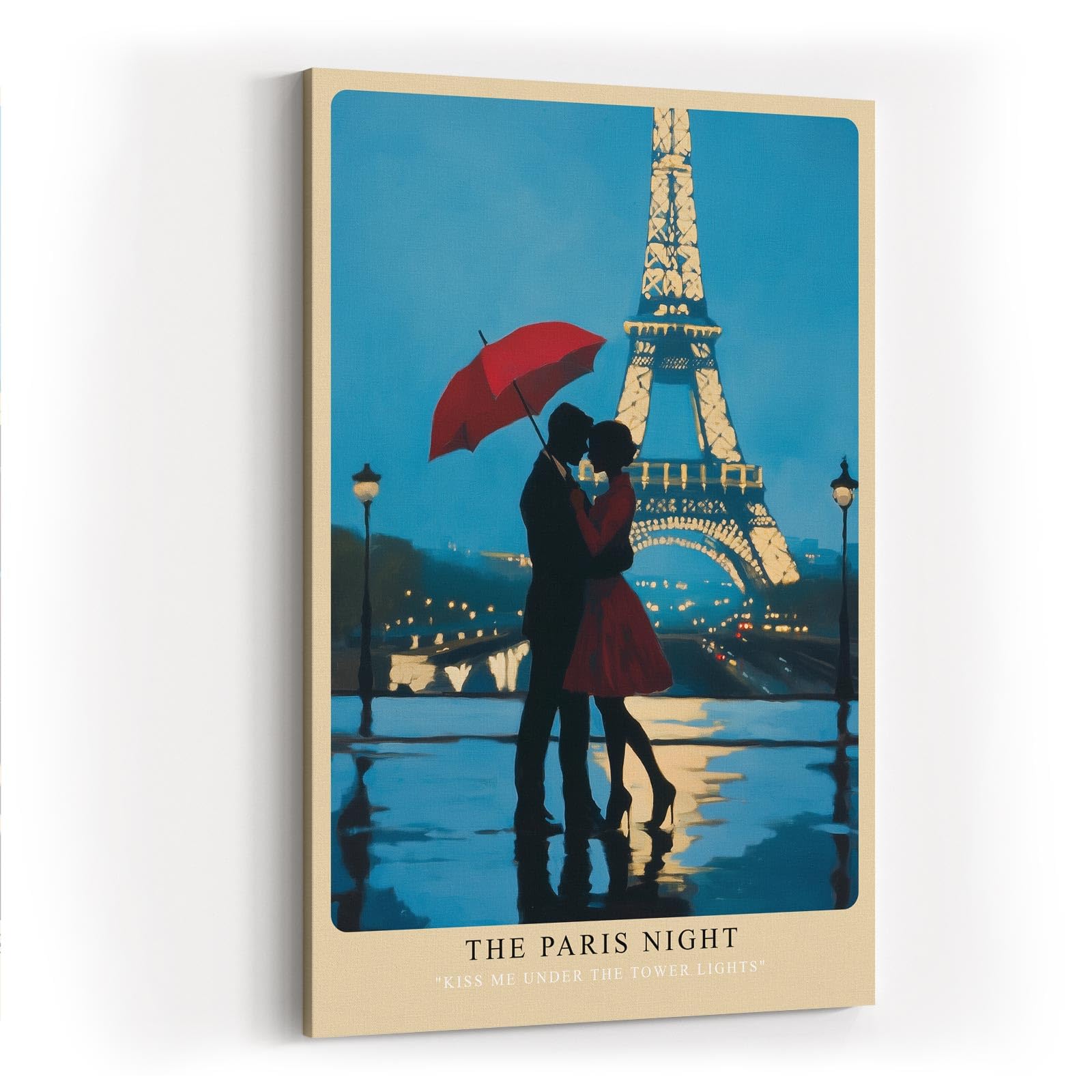 Paul Sinus Wandbild in 40x60cm The Paris Night – romantische Pariser Nachtszene mit Paar und rotem Schirm vor dem Eiffelturm für elegante Raumgestaltung