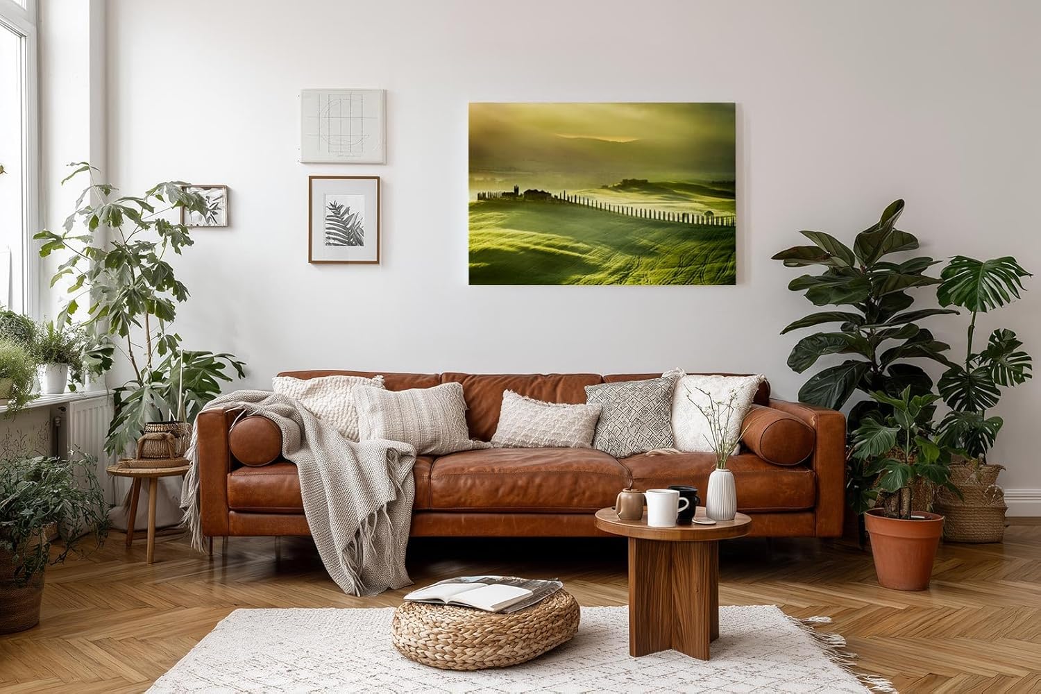 Sinus Art Wandbild 120x80cm Tief liegendes Licht über grünen Hügeln mit typischer Zypressenallee und Bauernhof