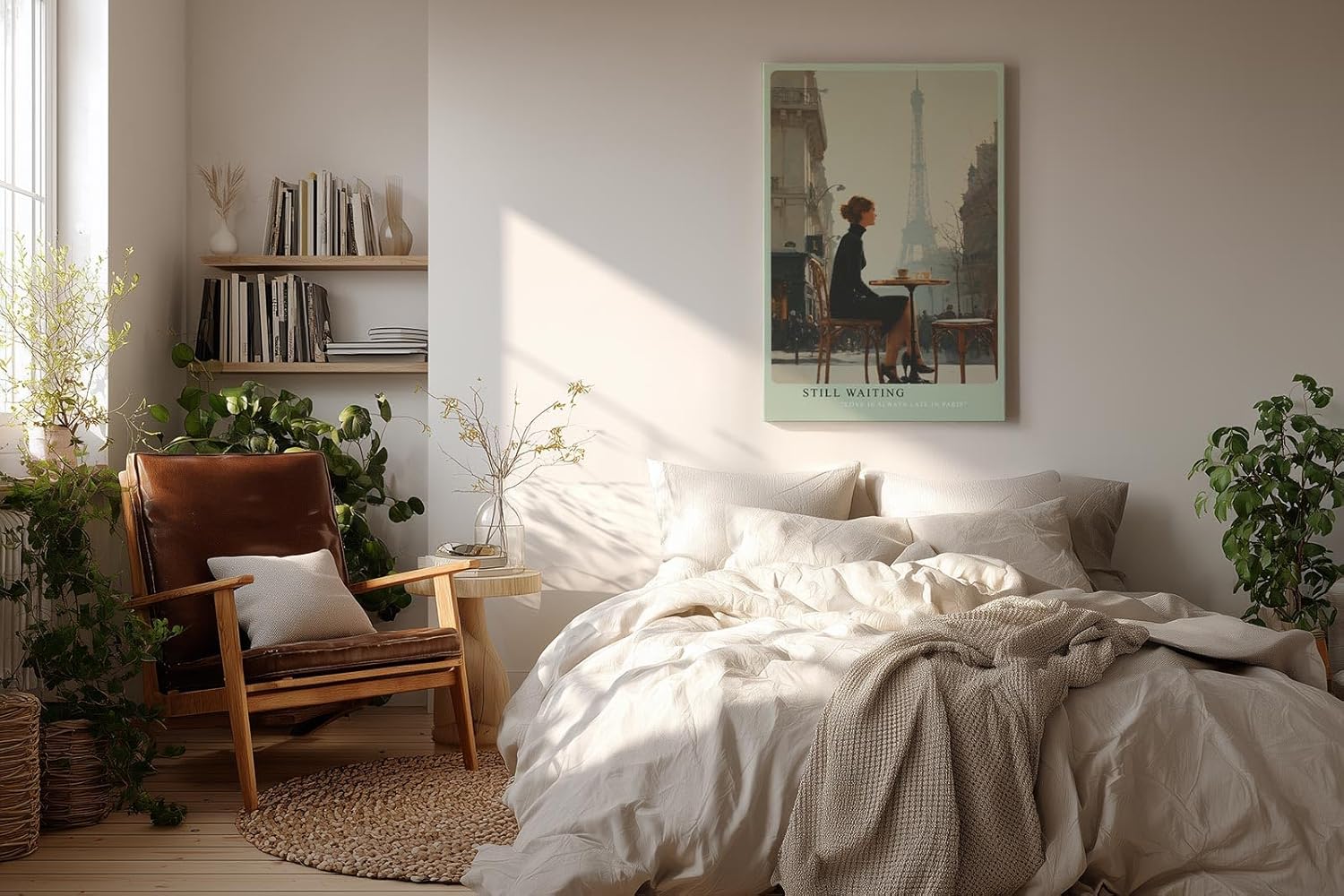 Paul Sinus Wandbild in 40x60cm Still Waiting – Romantische Szene einer Frau im schwarzen Kleid an einem Pariser Straßencafé mit Blick auf den Eiffelturm, moderne Bilder in warmen, weichen Farbtönen