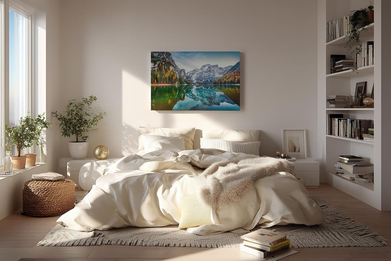 Sinus Art Wandbild 120x80cm Bunt gefärbte Herbstbäume spiegeln sich im ruhigen Bergsee vor alpiner Kulisse