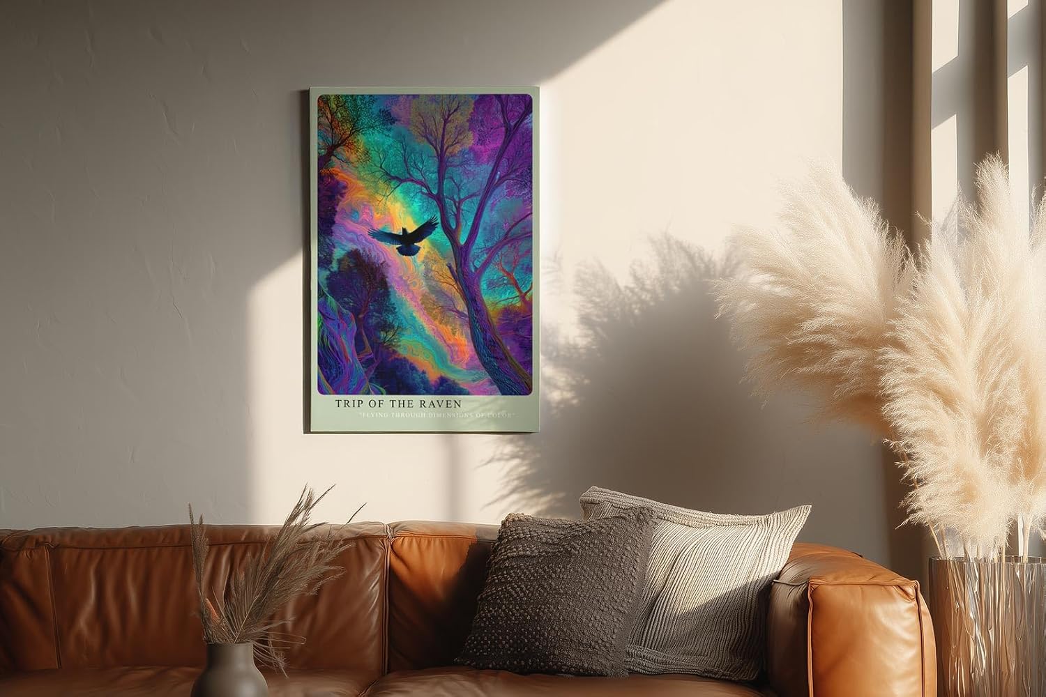 Paul Sinus Wandbild in 40x60cm Mystischer Rabe im farbintensiven Wald – surreales Kunstwerk mit leuchtenden Regenbogenfarben