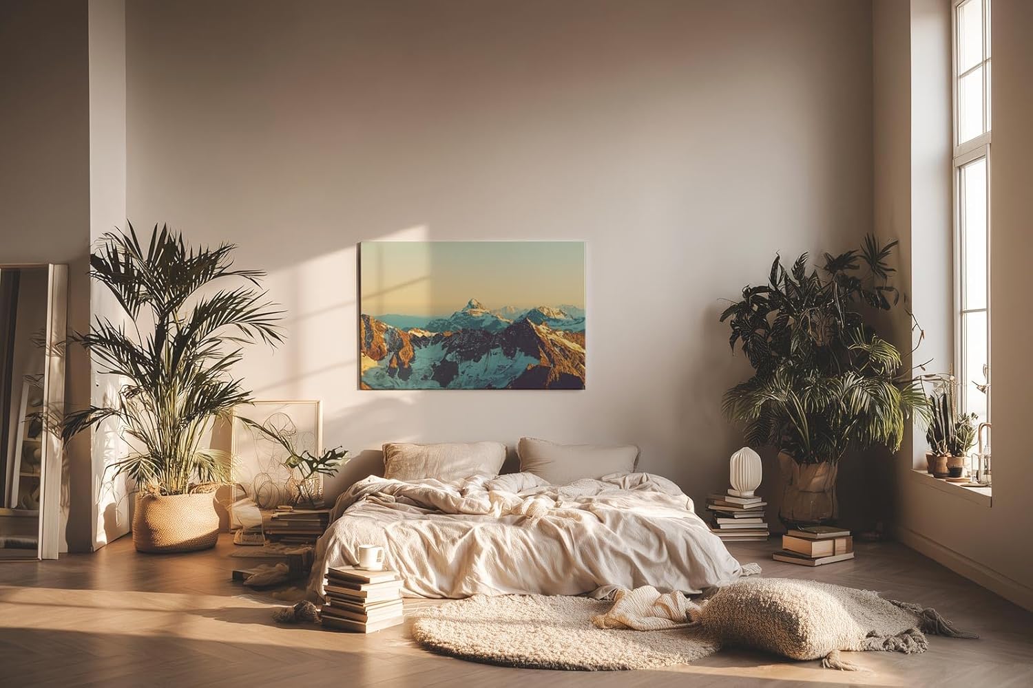 Sinus Art Wandbild 120x80cm Imposantes Alpenpanorama mit goldener Lichtstimmung für kraftvolle Raumwirkung