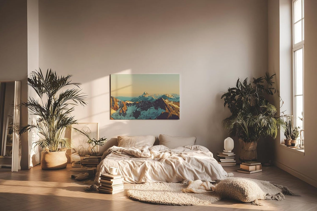 Sinus Art Wandbild 120x80cm Imposantes Alpenpanorama mit goldener Lichtstimmung für kraftvolle Raumwirkung