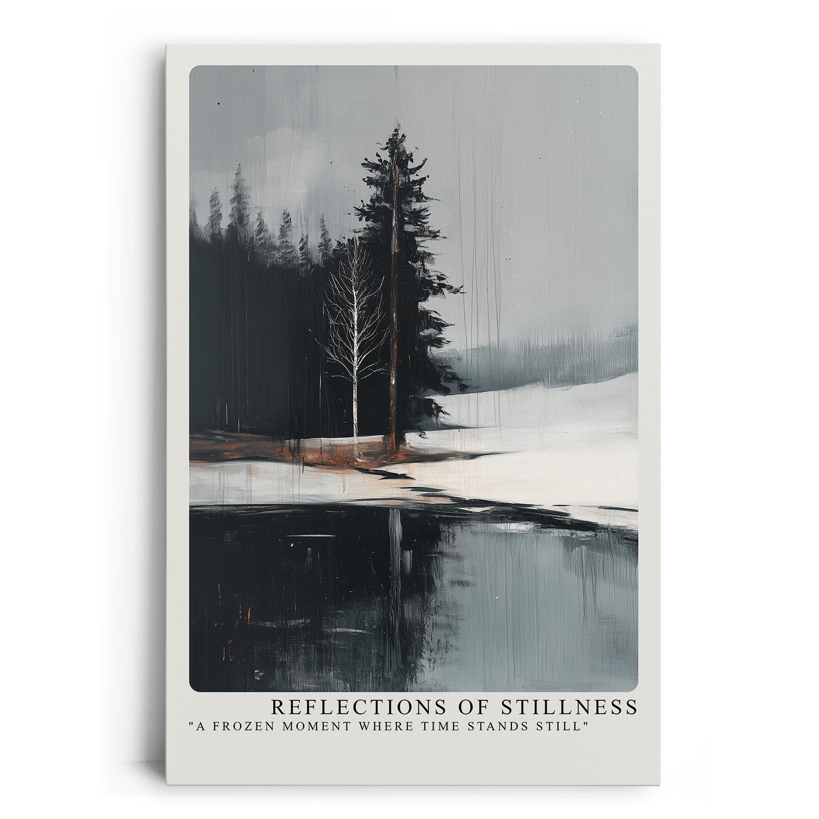 Paul Sinus Leinwandbild 80x120cm Spiegel der Stille – Minimalistische Winterlandschaft mit ruhigem Wasser, monochromer Farbe