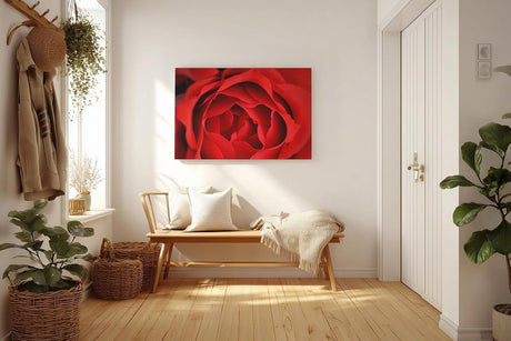 Sinus Art Wandbild 120x80cm Detailreiche Nahaufnahme einer geöffneten roten Rose mit sanft geschwungenen Blütenblättern