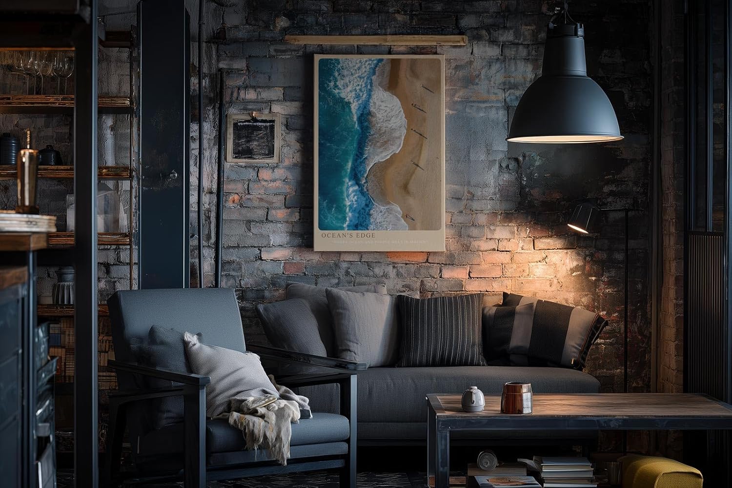 Paul Sinus Wandbild in 40x60cm Ocean's Edge – Luftaufnahme von Wellen und Sandstrand in Blauund Beigetönen