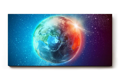 Sinus Art Wandbild 120x80cm Leuchtender Erdball vor funkelndem Sternenhimmel mit realistischer Tiefe