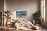 Sinus Art Wandbild 120x80cm Türkises Wasser, weißer Sand und markante Felsen – Urlaubsstimmung pur auf Leinwand