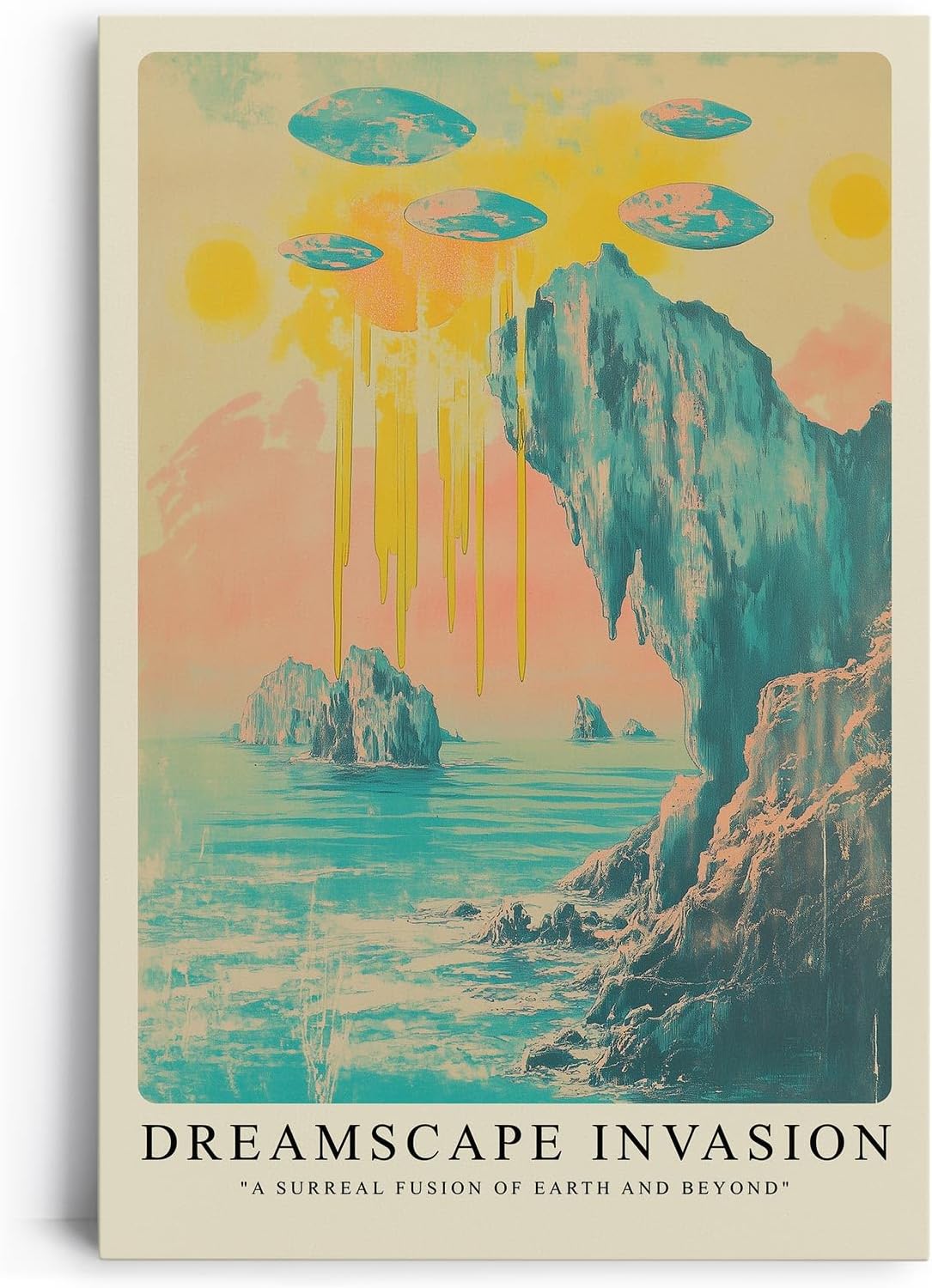 Paul Sinus Leinwandbild 40x60cm Leinwandbild Traumlandschaft-Invasion – Surreale Landschaft mit schwebenden Objekten, abstrakte Farbwelten