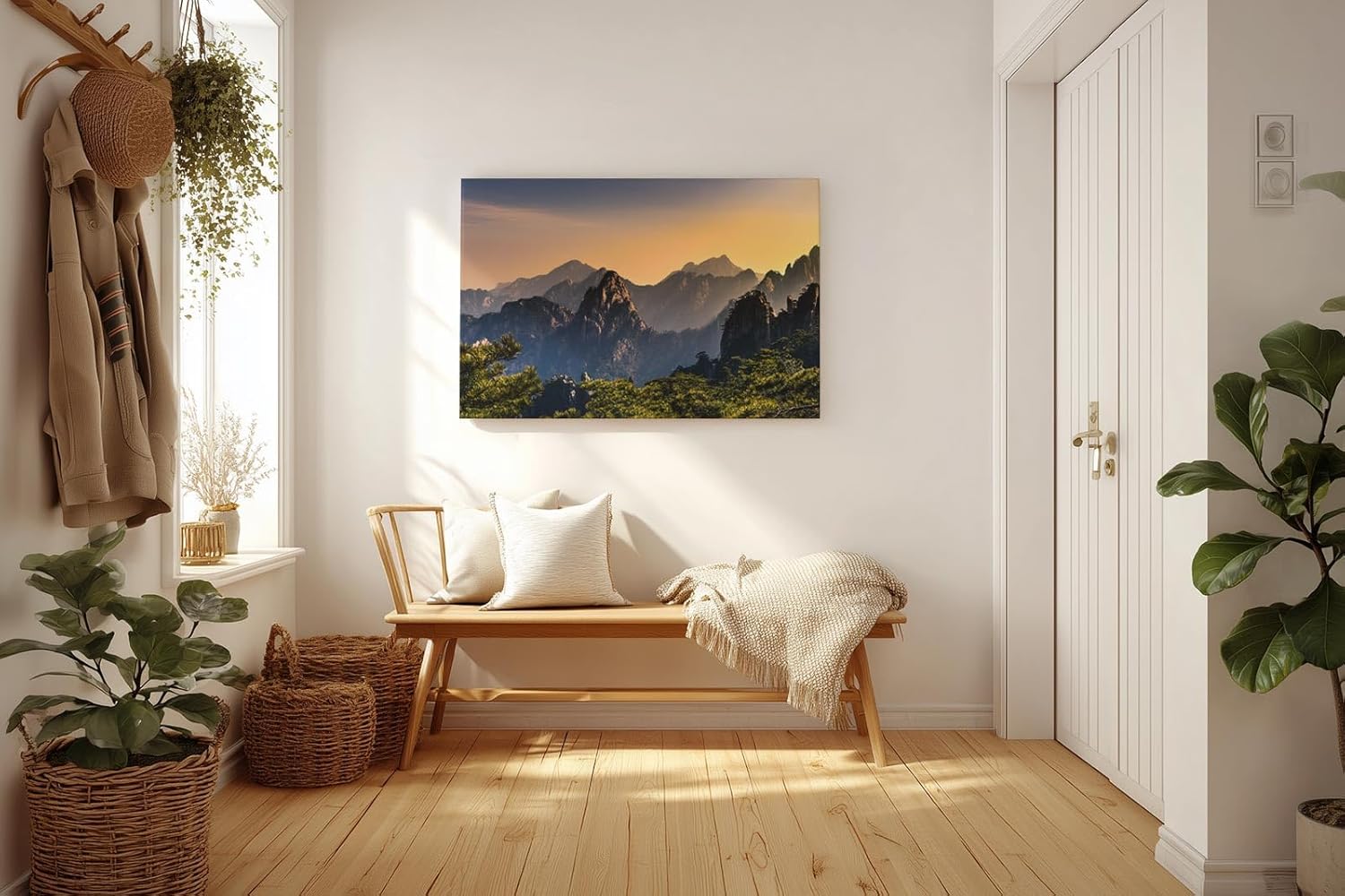 Sinus Art Wandbild 120x80cm Dramatische Berglandschaft mit goldenen Sonnenstrahlen und markanten Felsen
