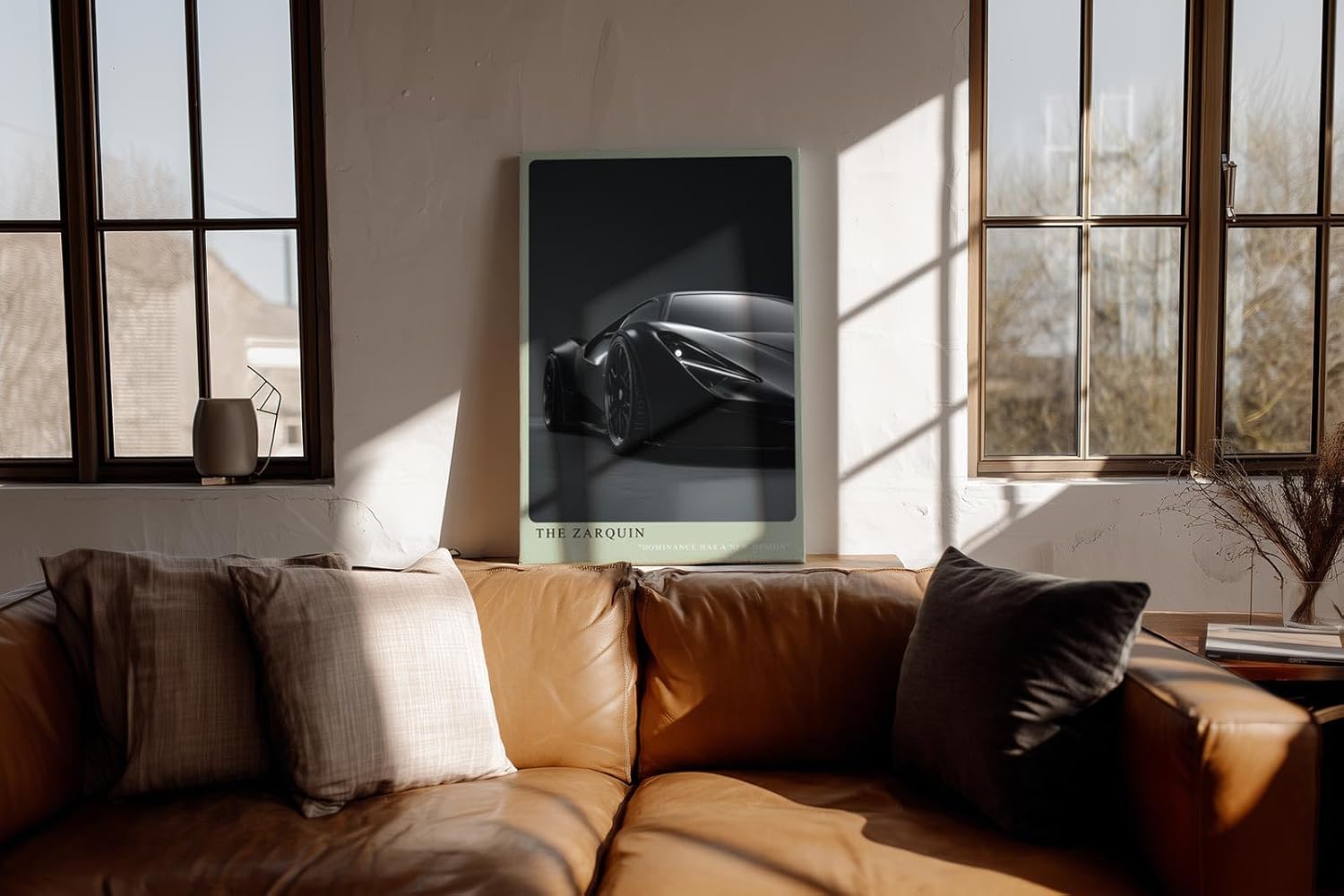 Paul Sinus Wandbild in 40x60cm The Zarquin – Futuristisches Supersportwagen-Design in tiefschwarzer Lackierung vor dunklem Hintergrund