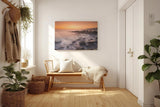 Sinus Art Wandbild 120x80cm Vernebelte Felsküste mit warmem Sonnenlicht – beruhigend und ästhetisch