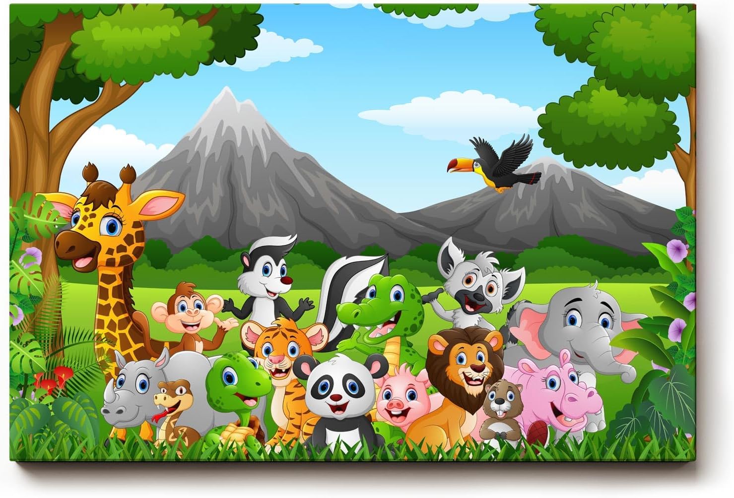 Sinus Art Wandbild 120x80cm Detailreich illustrierte Tiergruppe mit Panda, Tiger, Giraffe, Affe, Elefant u. v. m.