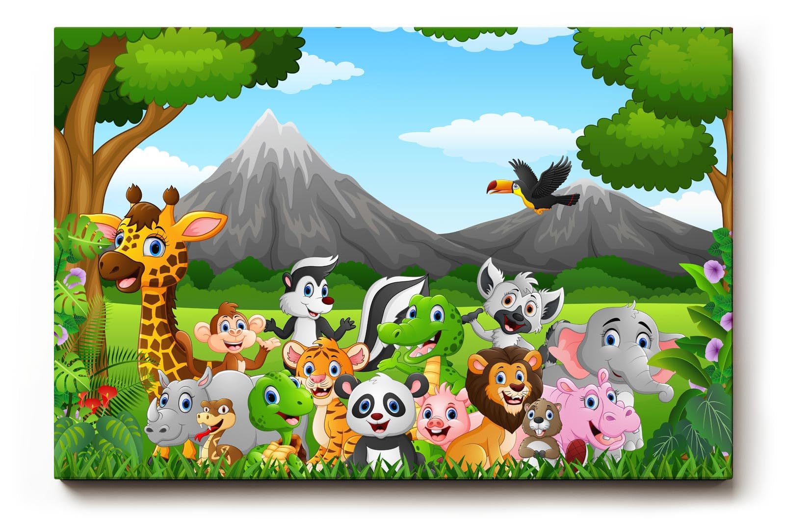 Sinus Art Wandbild 120x80cm Detailreich illustrierte Tiergruppe mit Panda, Tiger, Giraffe, Affe, Elefant u. v. m.