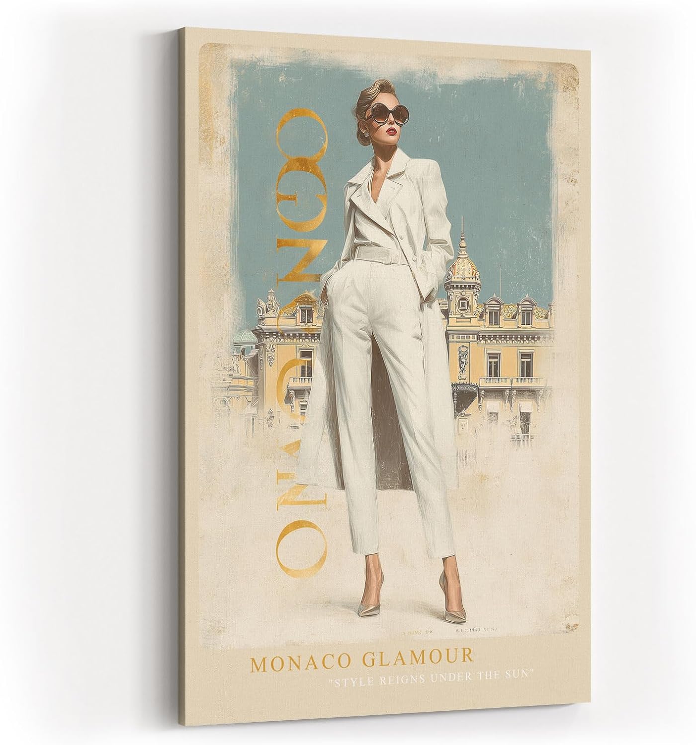 Paul Sinus Wandbild in 40x60cm Monaco Glamour Frau im weißen Anzug vor Casino de Monte-Carlo luxuriöse Kunst auf Leinwand