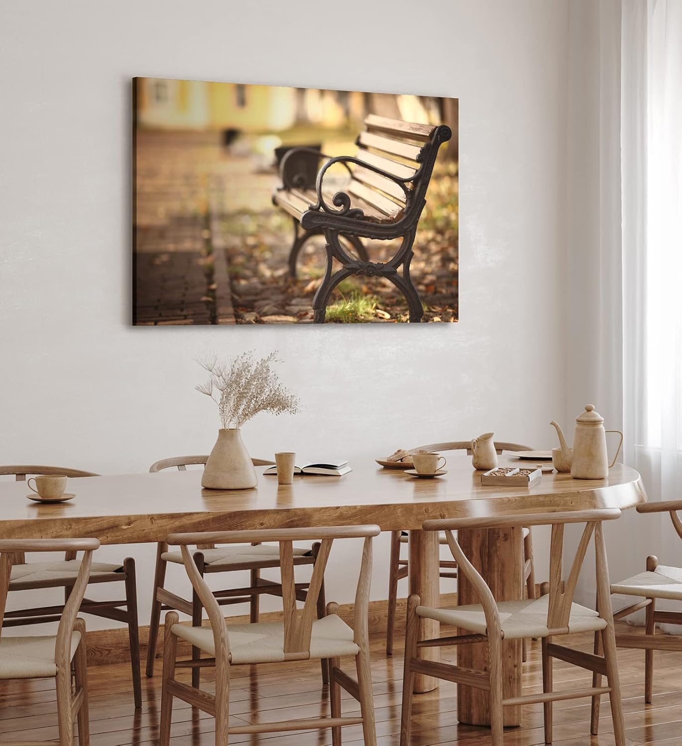 Wandbild 120x80cm Sitzbank Holzbank Park Herbst Sonnenschein