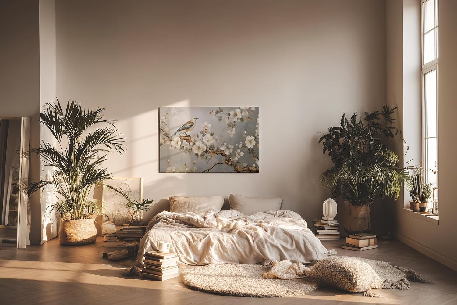 Sinus Art Wandbild 120x80cm Anmutiger Vogel auf einem Ast mit weißen Blüten vor harmonischem Hintergrund – ruhig und ausdrucksstark