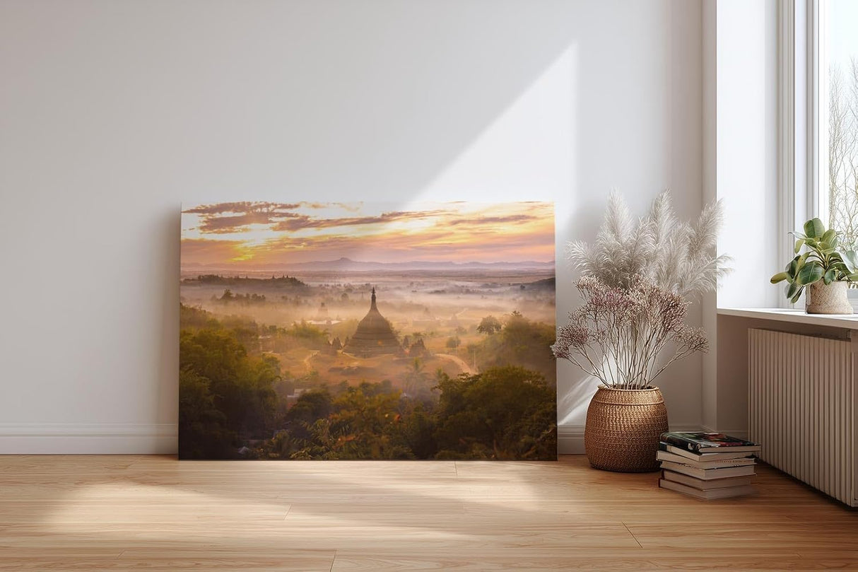 Sinus Art Wandbild 120x80cm Tempel im Morgendunst – faszinierende Komposition aus Kultur, Natur und Licht