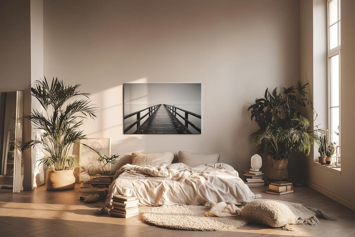 Sinus Art Wandbild 120x80cm Langer Holzsteg führt zentriert in den Horizont – ein Sinnbild für Ruhe und Fokus