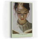 Paul Sinus Wandbild in 40x60cm Into the Pages – Lichtdurchflutetes Porträt einer jungen Frau, vertieft in ein Buch, zeitgenössische Bilder mit sanfter Farbgebung, inspirierend und harmonisch