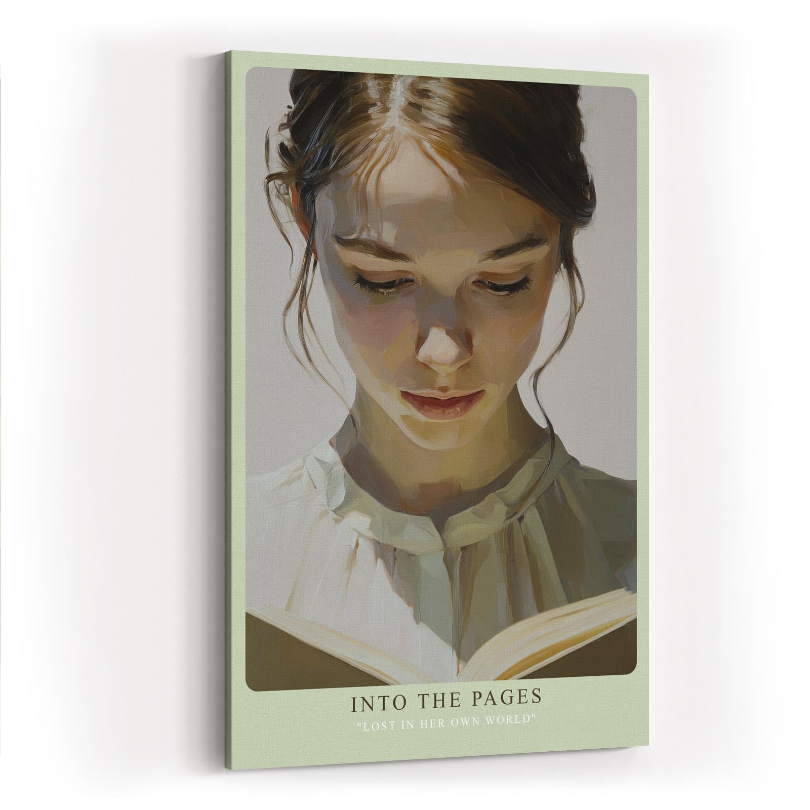 Paul Sinus Wandbild in 40x60cm Into the Pages – Lichtdurchflutetes Porträt einer jungen Frau, vertieft in ein Buch, zeitgenössische Bilder mit sanfter Farbgebung, inspirierend und harmonisch
