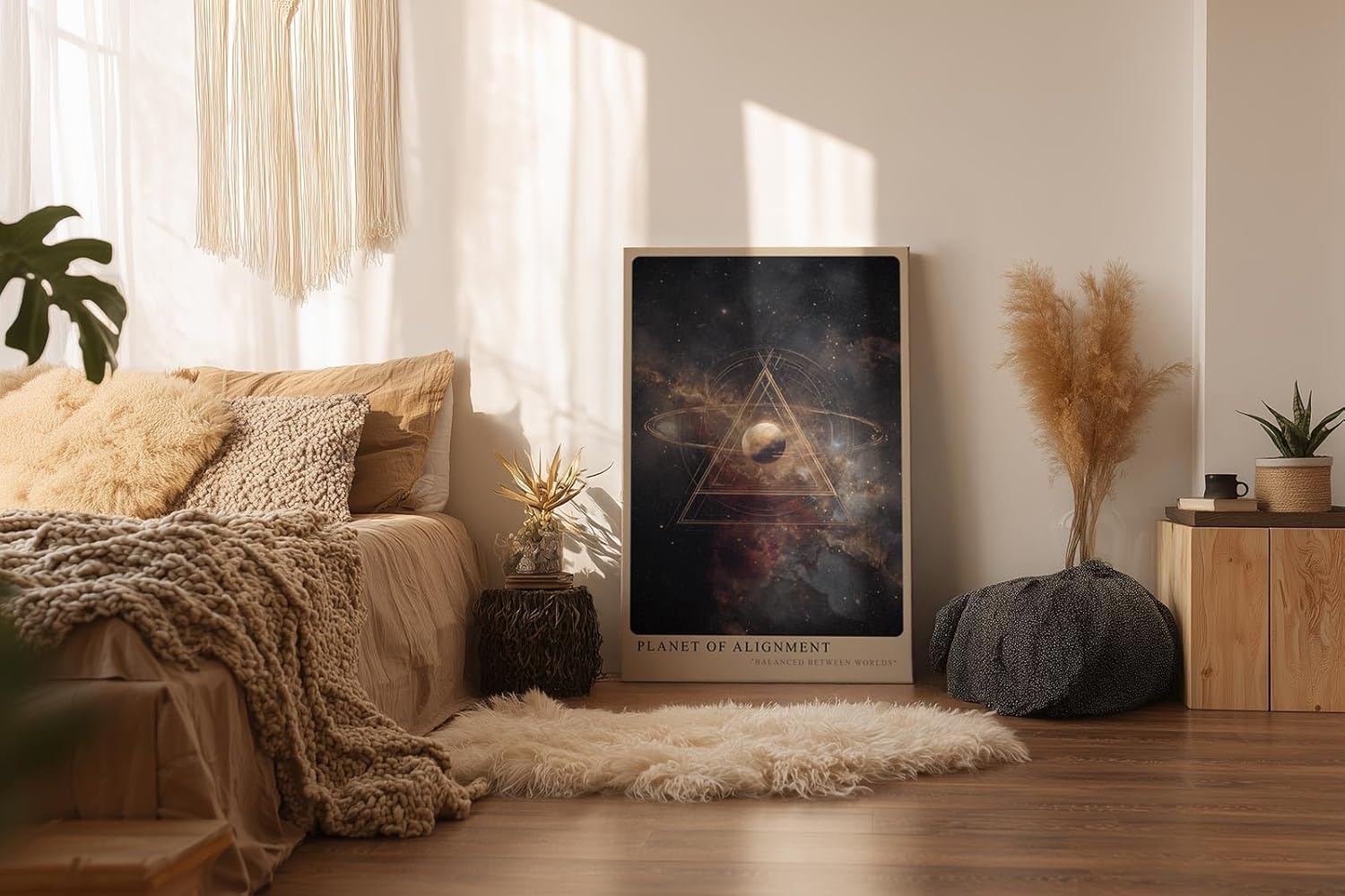 Paul Sinus Wandbild in 40x60cm Planet of Alignment – Künstlerische Darstellung eines Planeten mit goldenem Dreieck inmitten farbenprächtiger Galaxienlandschaft
