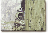 Sinus Art Wandbild 120x80cm Abstrakte Farbflächen in Grün und Grau mit textilen Strukturen und Typografiefragmenten