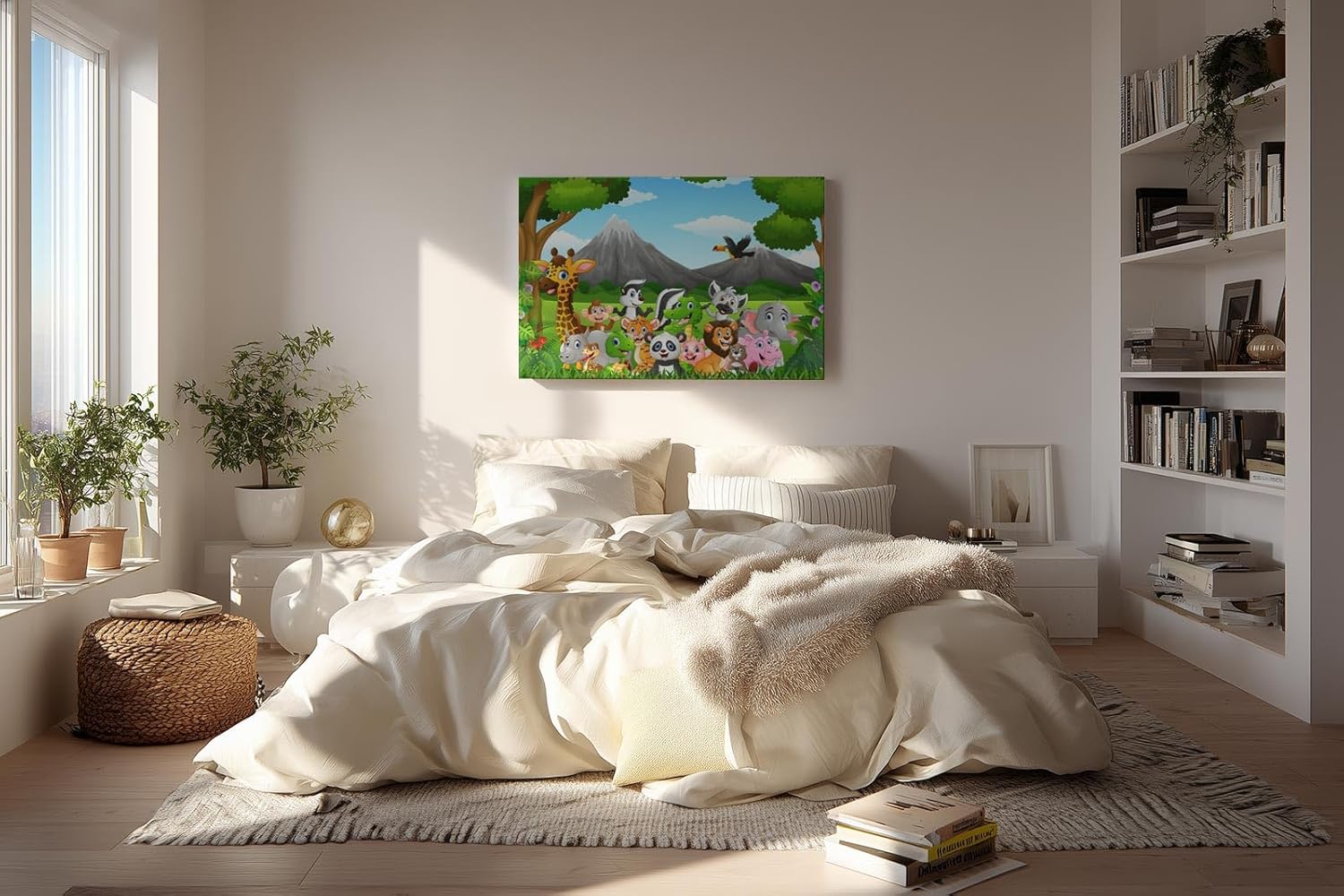 Sinus Art Wandbild 120x80cm Detailreich illustrierte Tiergruppe mit Panda, Tiger, Giraffe, Affe, Elefant u. v. m.