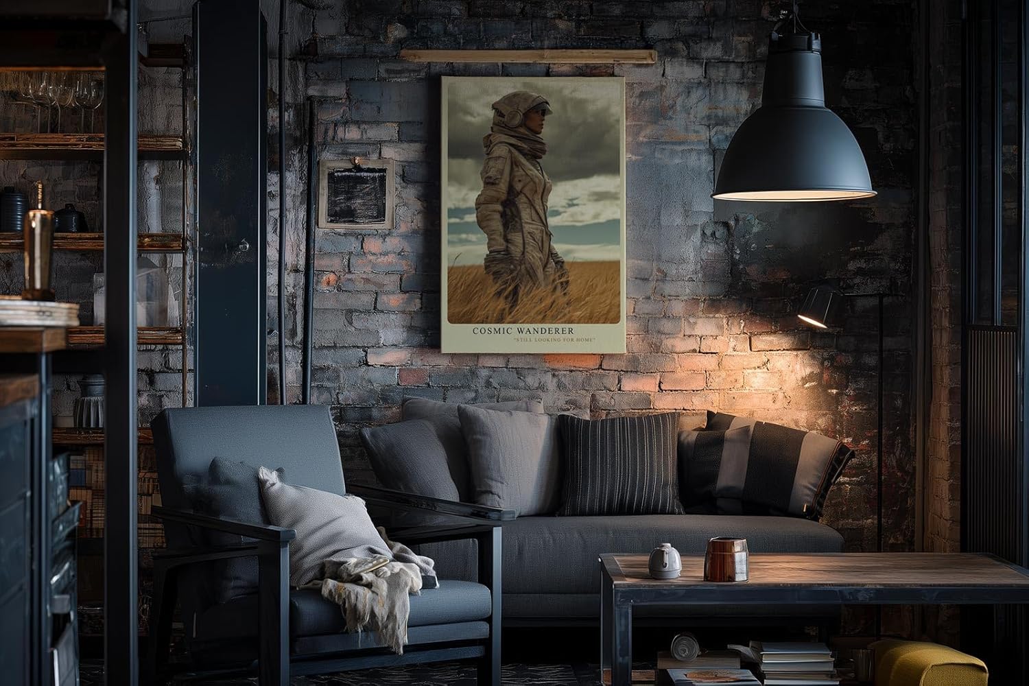 Paul Sinus Wandbild in 40x60cm Cosmic Wanderer – Astronautin in Getreidefeld unter wolkenverhangenem Himmel