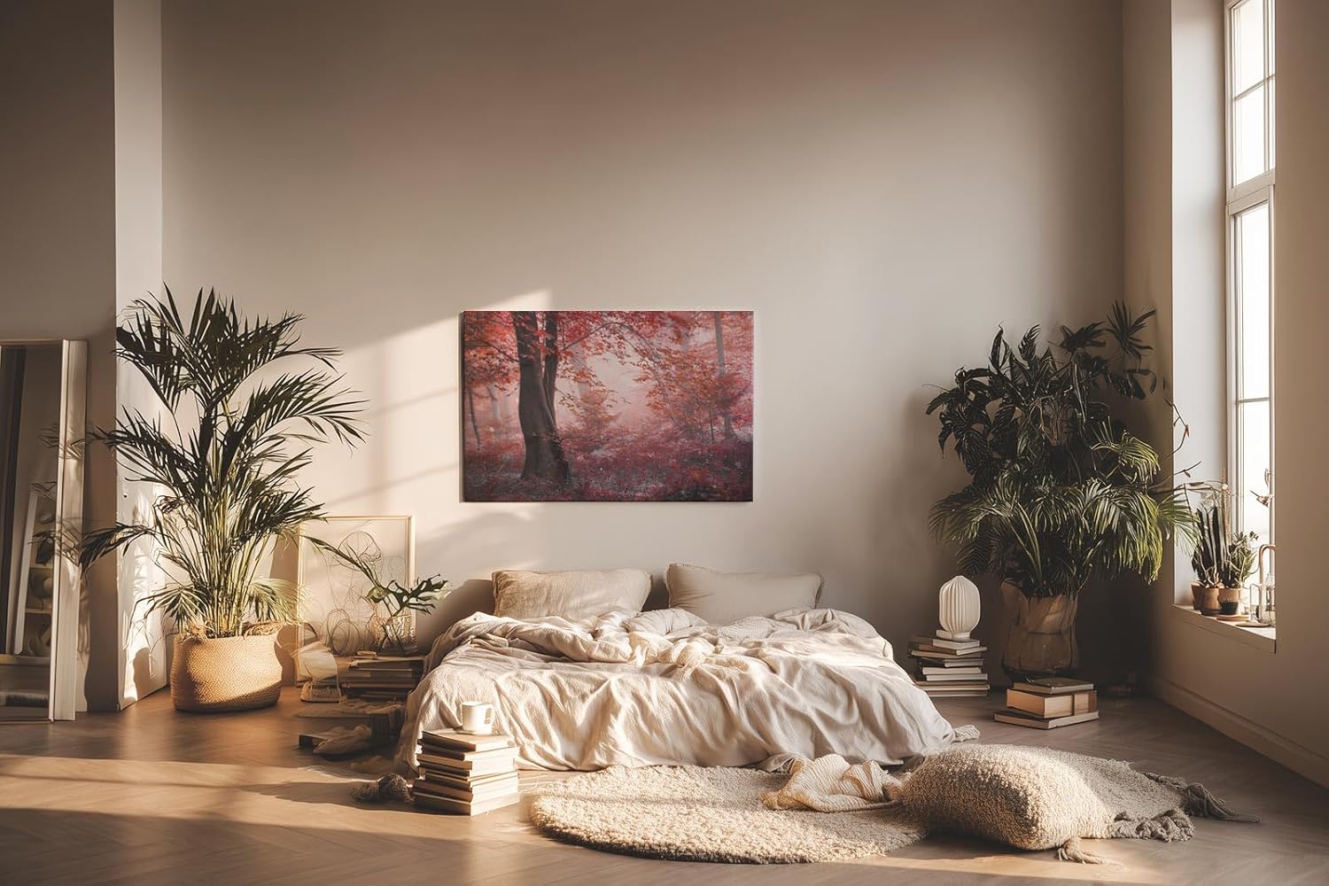 Sinus Art Wandbild 120x80cm Roter Herbstwald mit dichter Vegetation und nebligem Licht – geheimnisvoll und bezaubernd