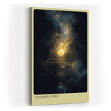 Paul Sinus Wandbild in 40x60cm Golden Core – Mystische Weltraumszene mit leuchtendem goldenen Kern und symmetrischen geometrischen Linien
