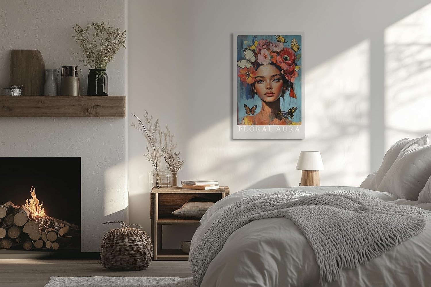 Paul Sinus Leinwandbild 60x90cm Leinwandbild Florale Aura – Ausdrucksstarkes Porträt mit blühender Blumenkrone und Schmetterlingen, leuchtende Farben