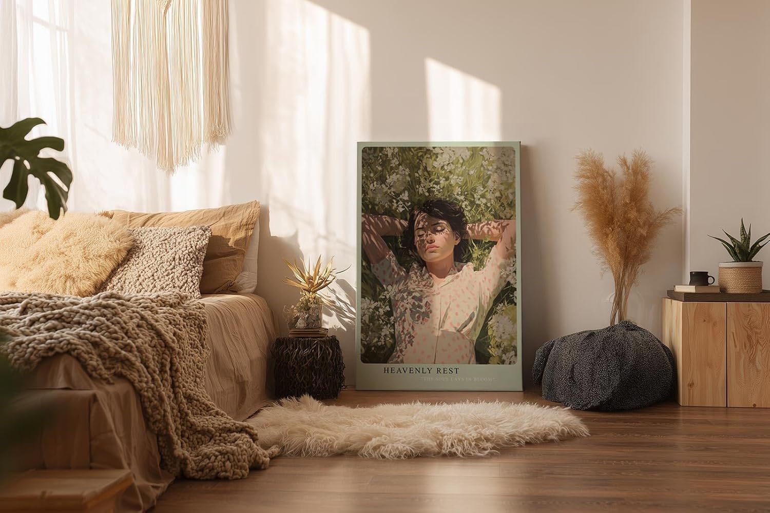 Paul Sinus Wandbild in 40x60cm Heavenly Rest – Liegendes Porträt einer jungen Frau im Blumenfeld, mit geschlossenen Augen, moderne Bilder in sanften Pastelltönen, friedlich und träumerisch