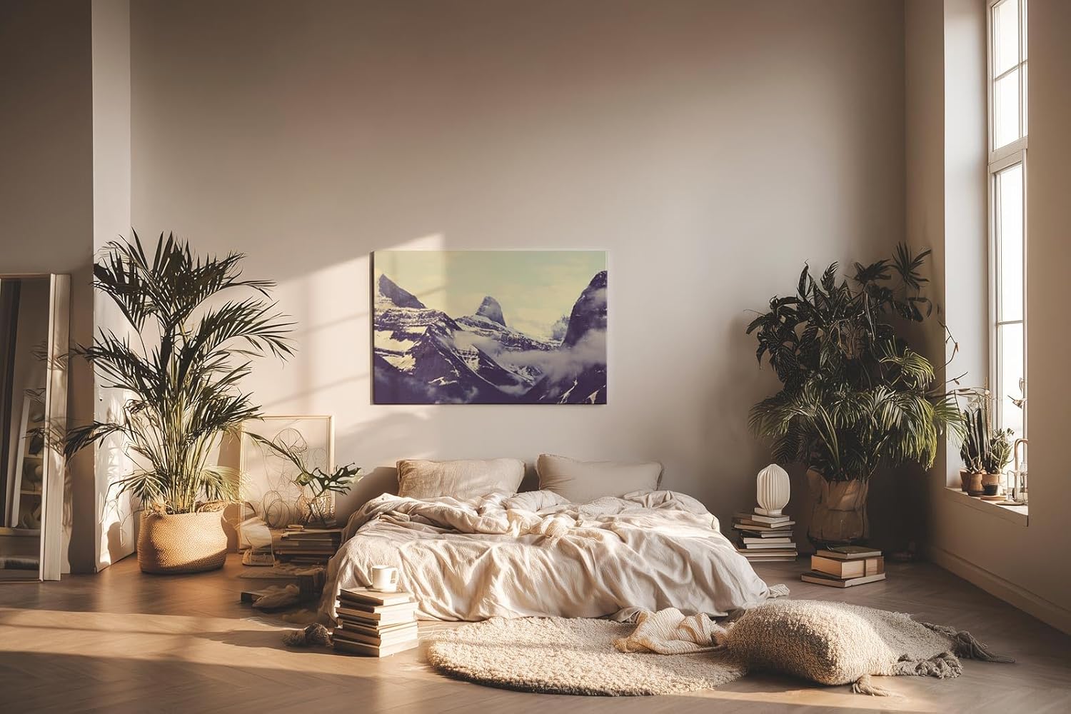 Sinus Art Wandbild 120x80cm Schneebedeckte Berge und nebelverhangene Täler in beeindruckender Komposition