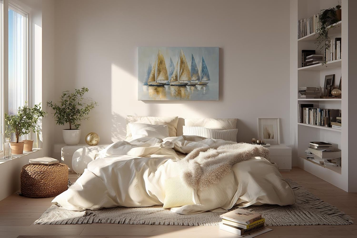 Sinus Art Wandbild 120x80cm Dynamisches Motiv mit sieben Segelbooten in Blau und Goldtönen – stilvoll und maritim zugleich