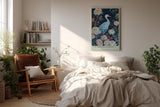 Paul Sinus Wandbild in 40x60cm The Blossom Guardian mit elegantem Kranich zwischen blühenden Pfingstrosen für harmonische Wandgestaltung