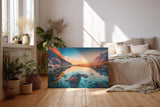 Sinus Art Wandbild 120x80cm Faszinierendes Bergpanorama mit Spiegelung im klaren Wasser bei untergehender Sonne