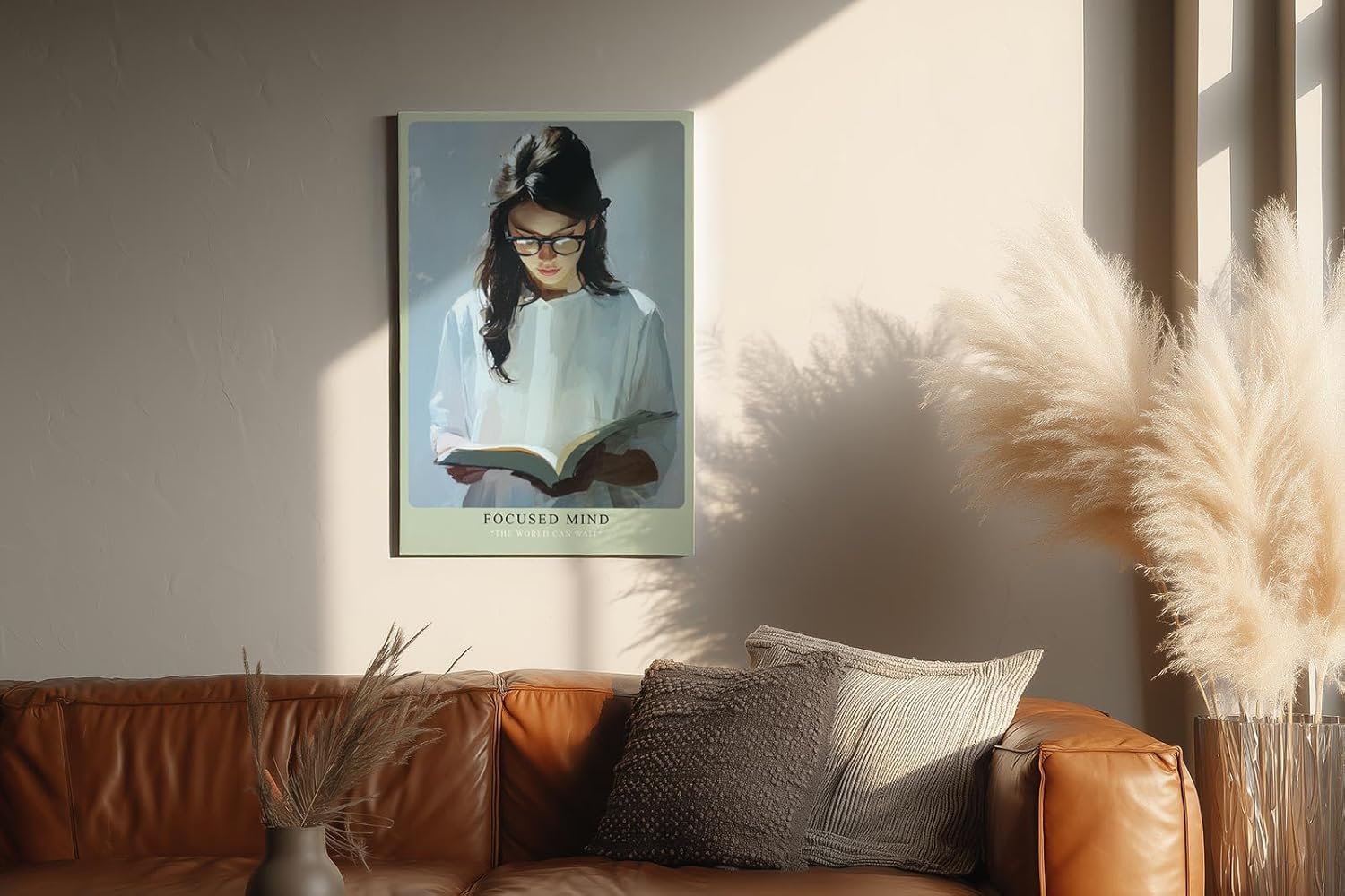 Paul Sinus Wandbild in 40x60cm Focused Mind – Ausdrucksstarkes Porträt einer jungen Frau mit Brille, vertieft ins Lesen, moderne Bilder in kühlen Farbtönen, konzentriert und stilvoll