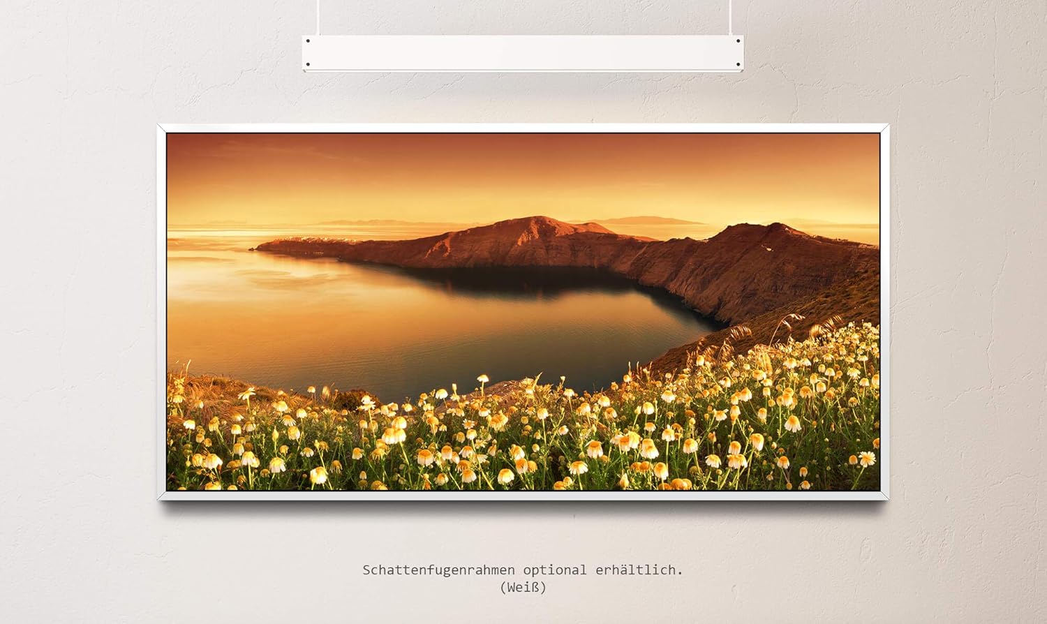 Sonnenuntergang in Santorini ca. 130x70cm Wandbild inklusive Schattenfugenrahmen weiss - Panorama Leinwand Bild XXL Format Wandbilder Wohnzimmer Wohnung Deko Kunstdrucke