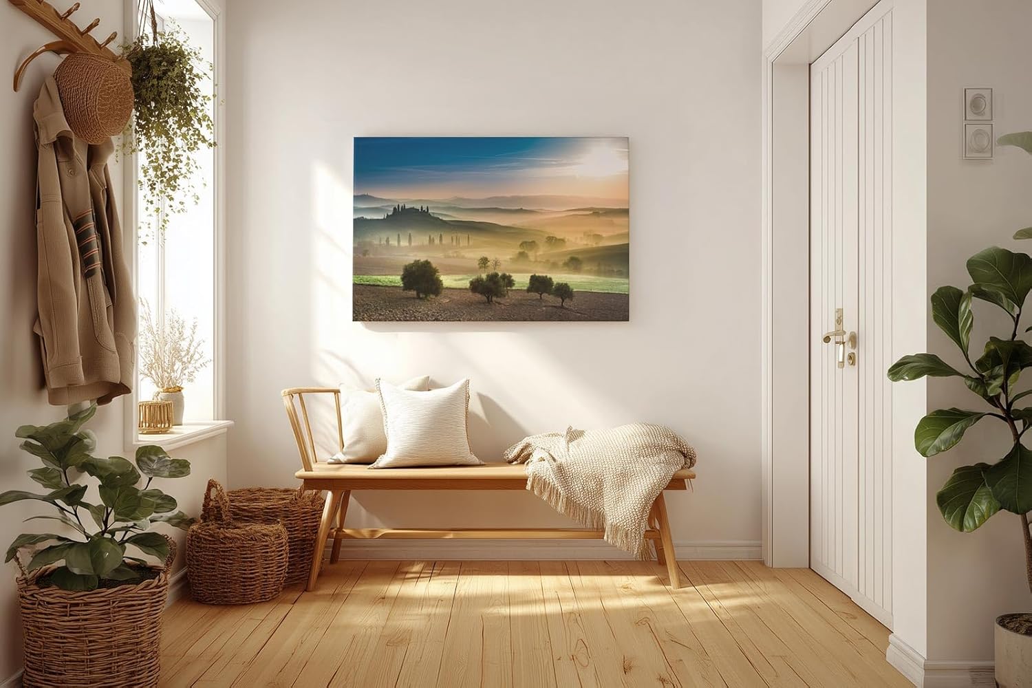 Sinus Art Wandbild 120x80cm Sanfte Hügel mit Olivenbäumen und Zypressen im Dunst des Sonnenaufgangs