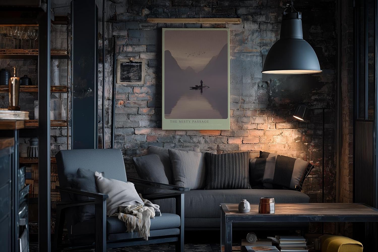 Paul Sinus Wandbild in 40x60cm Fischer im Boot auf nebligem Fluss zwischen Bergen bei Sonnenaufgang
