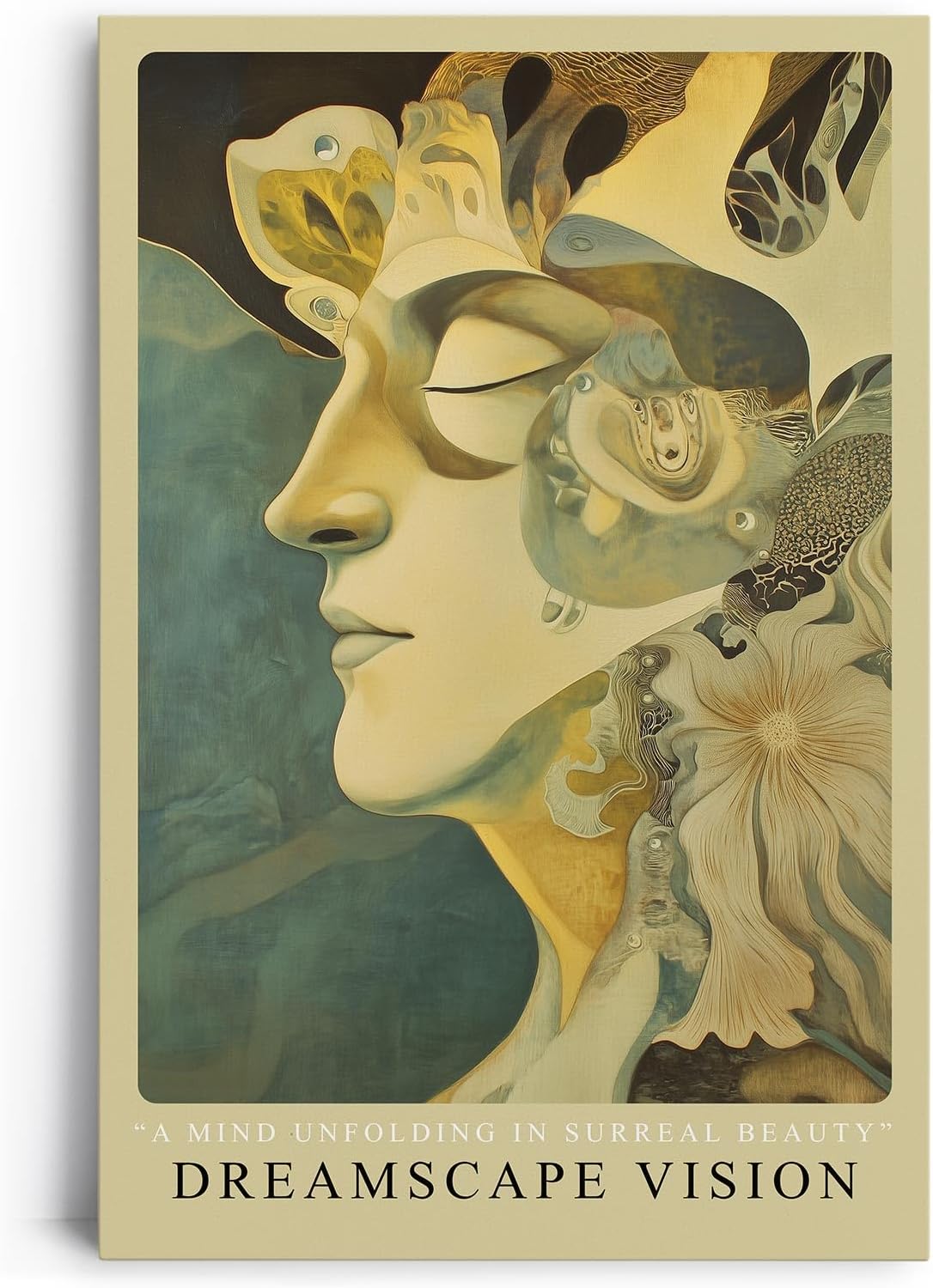 Paul Sinus Leinwandbild 60x90cm Dreamscape Vision – Surreal, Kunst, Fantasie, Traumwelt, Gesicht, Harmonie, Abstrakt, Mystik, Ästhetik, Gold, Struktur