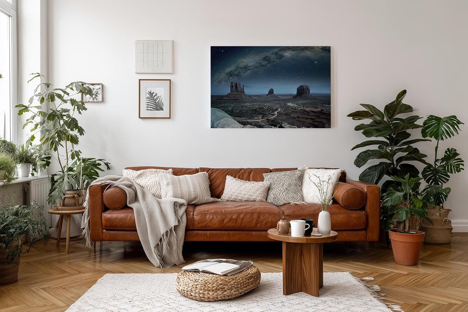Sinus Art Wandbild 120x80cm Faszinierende Landschaft mit ikonischen Felsformationen unter der Milchstraße
